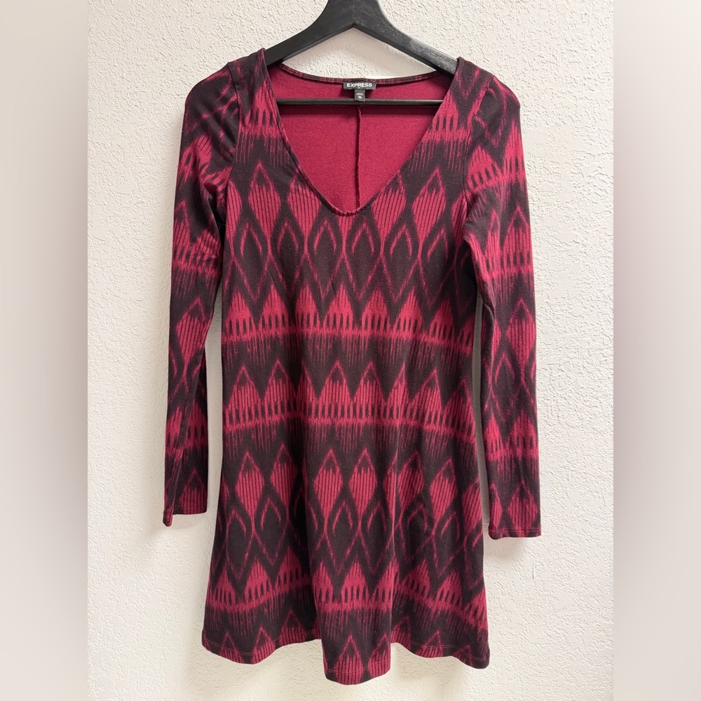 Express Burgundy Abstract Long Sleeve Stretch Dress Aline Dress XS